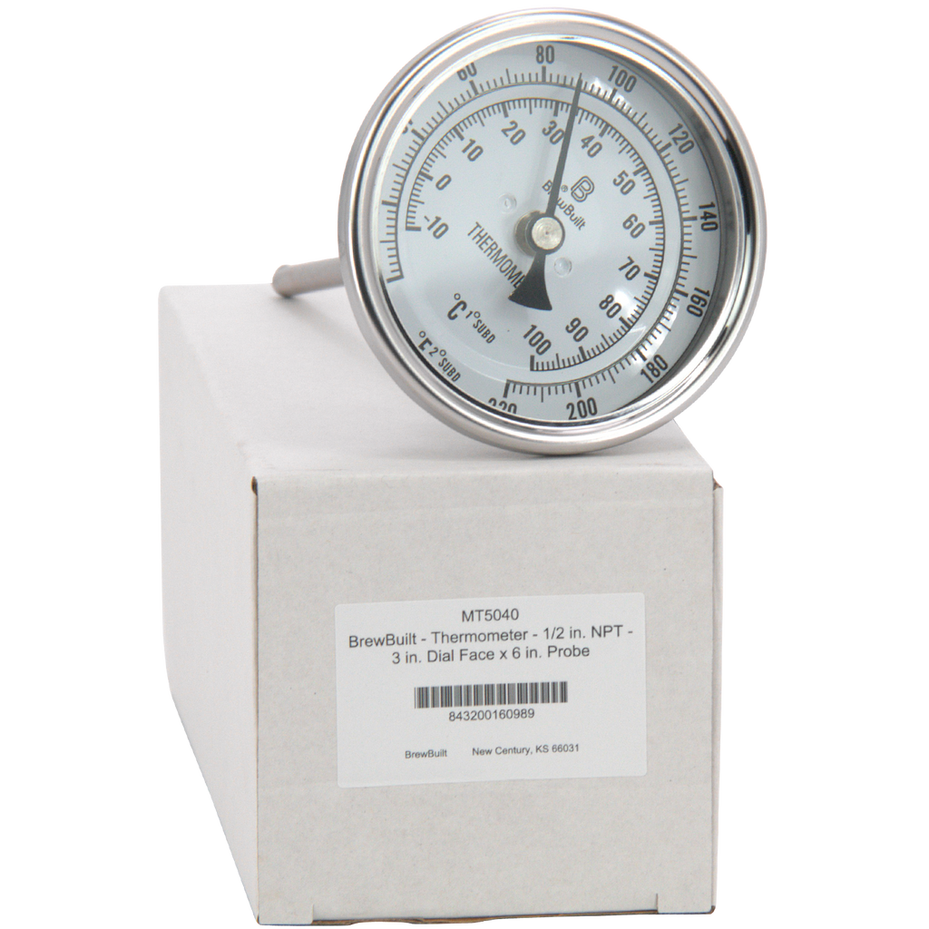 BrewBuilt - Thermometer - 1/2 in. NPT - 3 in. Dial Face x 6 in. Probe