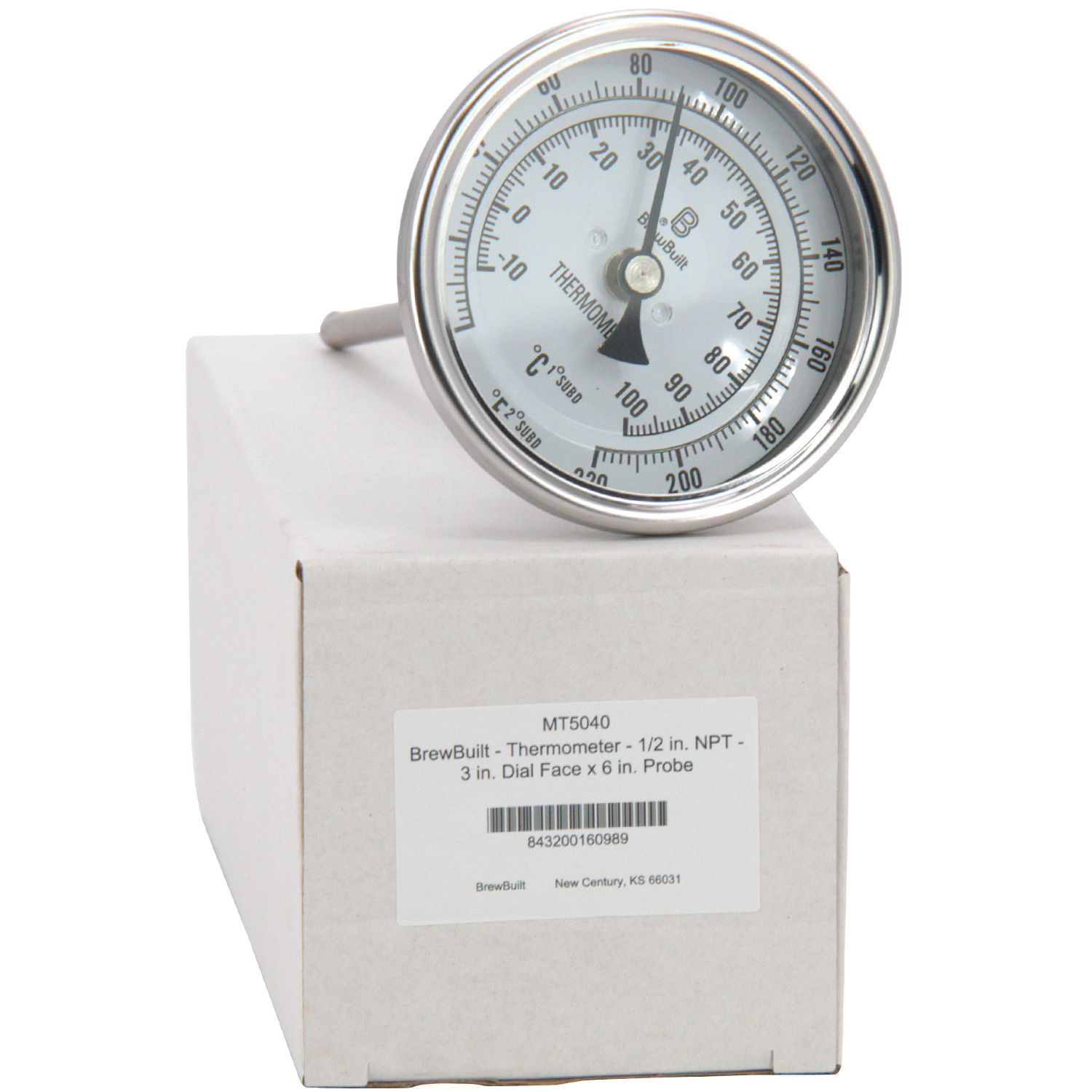 BrewBuilt - Thermometer - 1/2 in. NPT - 3 in. Dial Face x 6 in. Probe