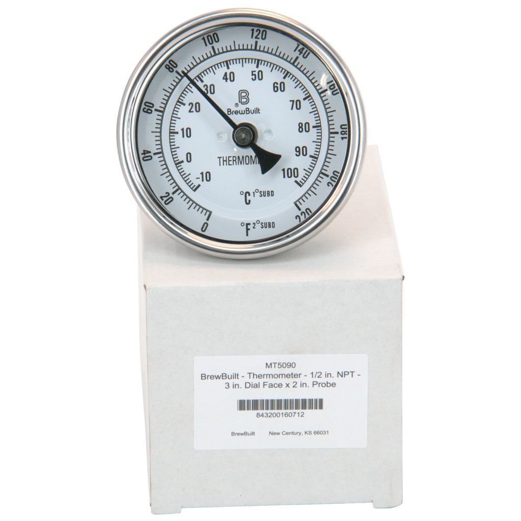 BrewBuilt - Thermometer - 1/2 in. NPT - 3 in. Dial Face x 2 in. Probe