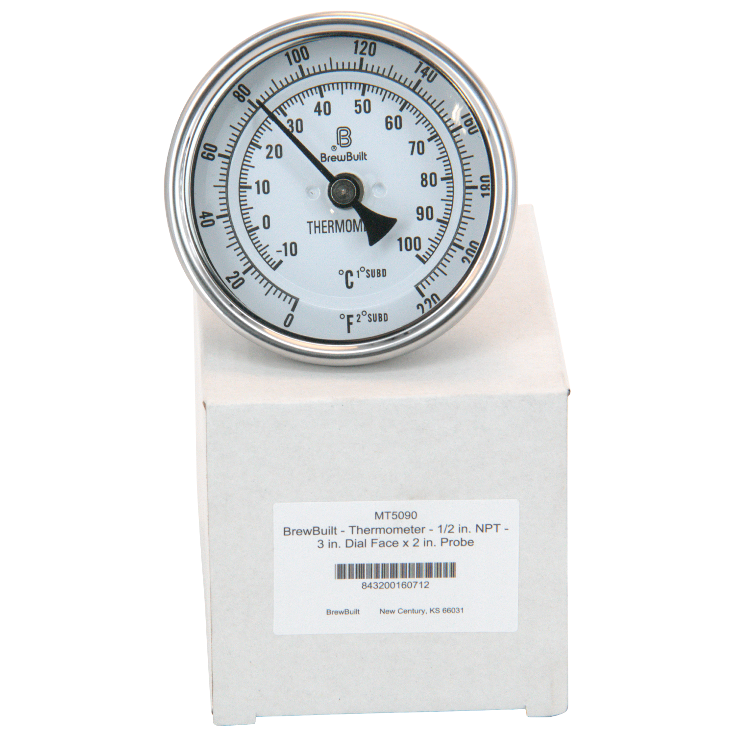 BrewBuilt - Thermometer - 1/2 in. NPT - 3 in. Dial Face x 2 in. Probe