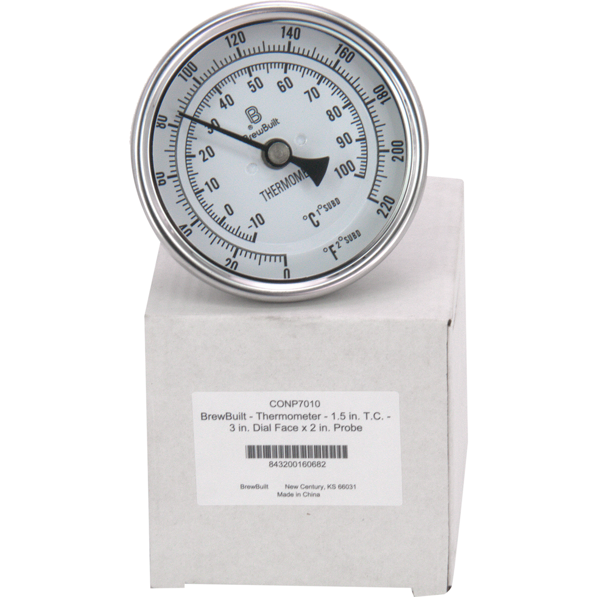 BrewBuilt - Thermometer - 1.5 in. T.C. - 3 in. Dial Face x 2 in. Probe