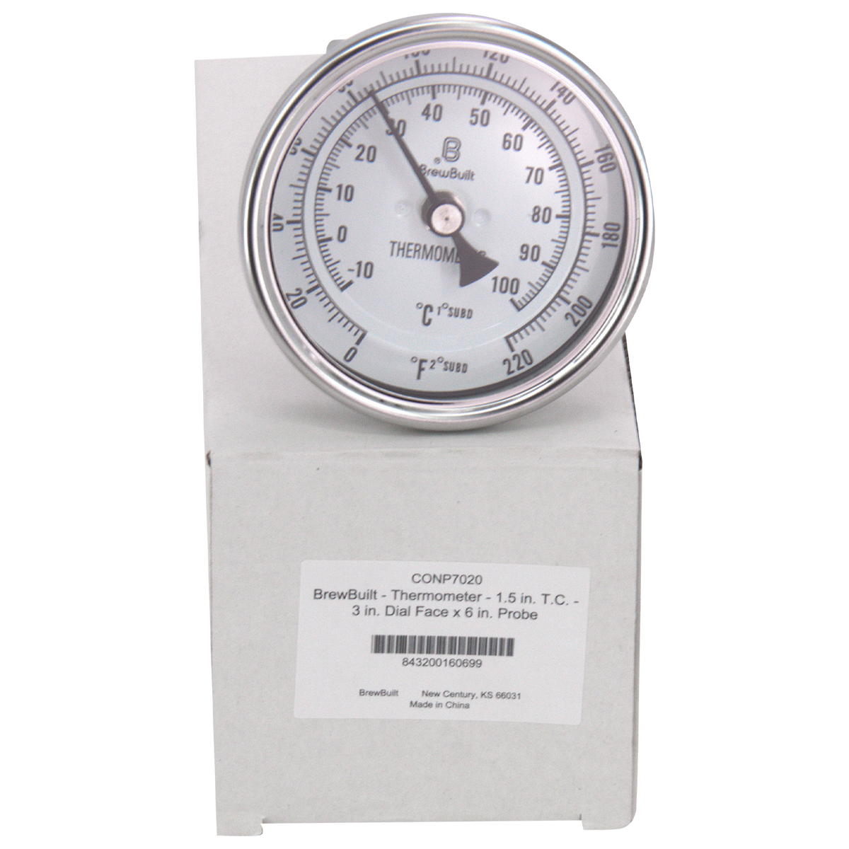 BrewBuilt - Thermometer - 1.5 in. T.C. - 3 in. Dial Face x 6 in. Probe